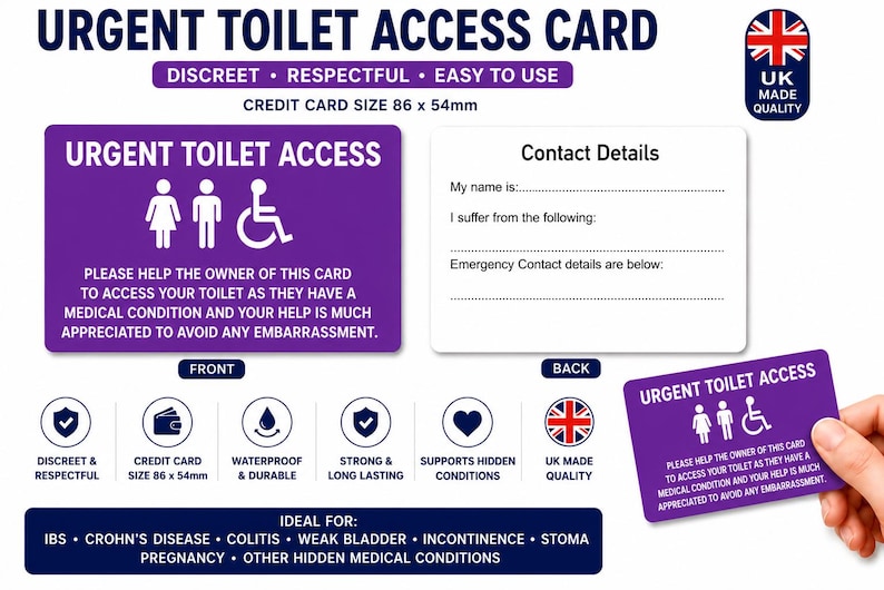 Urgent Toilet Access Card | Weak Bladder Medical Card | IBS Crohn's Colitis Toilet Pass | Incontinence Restroom Access | Plastic Wallet Card Purple Badge Only