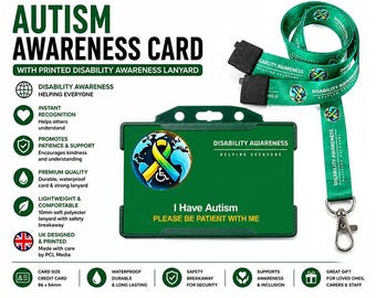 Autism Hidden Disability Card & Printed World Disability Awareness Lanyard | Medical Alert ID Badge | UK Made