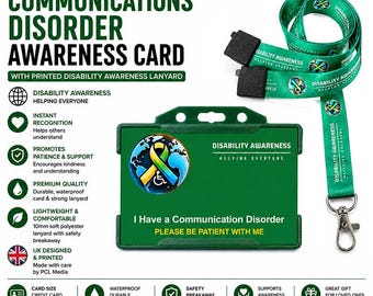 Communication Disorder Hidden Disability Card & Printed World Disability Awareness Lanyard | Medical Alert ID Badge | UK Made