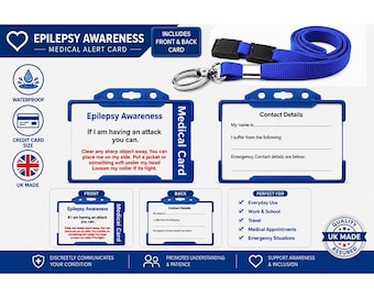 Epilepsy Awareness Medical Alert Card | Seizure Medical ID Card | Hidden Disability Emergency Contact Card | Blue Lanyard & Holder