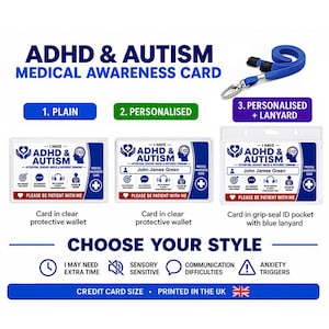 Pode incluir: Um conjunto de cartões de consciencialização médica para PHDA e autismo com três opções: simples, personalizado e personalizado com cordão azul. Os cartões têm o tamanho de um cartão de crédito, são brancos com texto e ícones azuis.