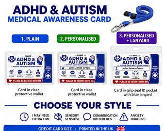 ADHD & Autism Medical Awareness Card Hidden Disability ID Card Plain or Personalised Available