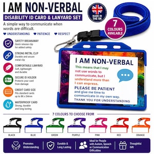 Non Verbal Disability ID Card | Hidden Disability Communication Card | Autism Awareness Card | ID Holder & Plain Lanyard | 7 Colours