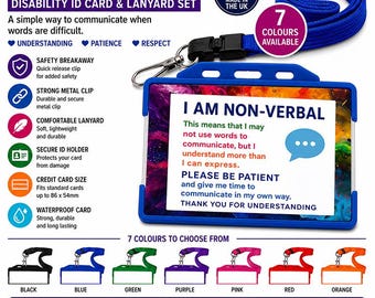 Non Verbal Disability ID Card | Hidden Disability Communication Card | Autism Awareness Card | ID Holder & Plain Lanyard | 7 Colours