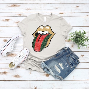 Gold Lips Red Green Stripe Tongue T Shirt | Fashion Lover Gift