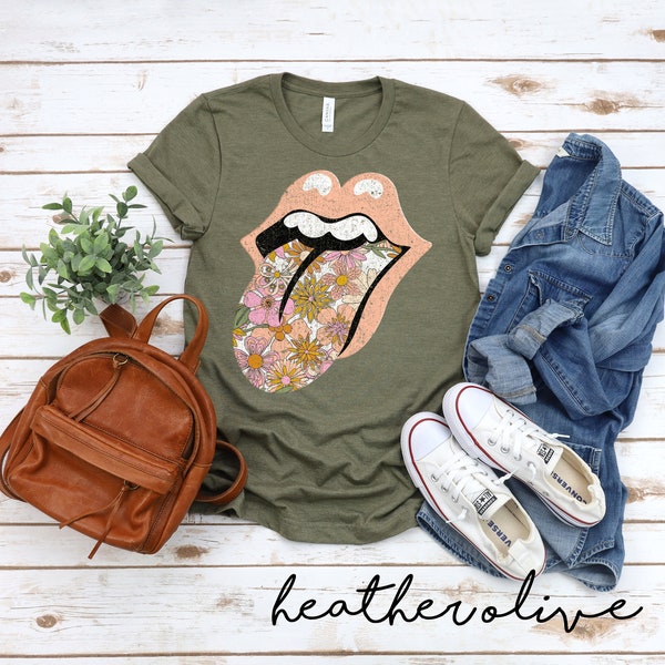 Peach Lips Retro Floral Print Tongue T Shirt | Fashion Lover Shirt |Gift