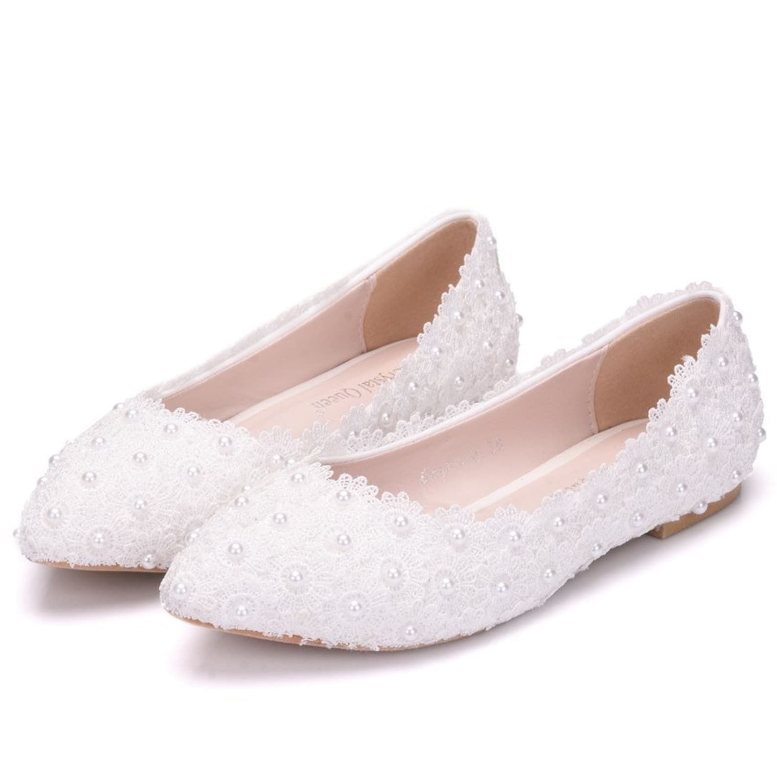 crystal queen white lace wedding shoes flat heels pointed toe plus size ballet flats women bridal shoes