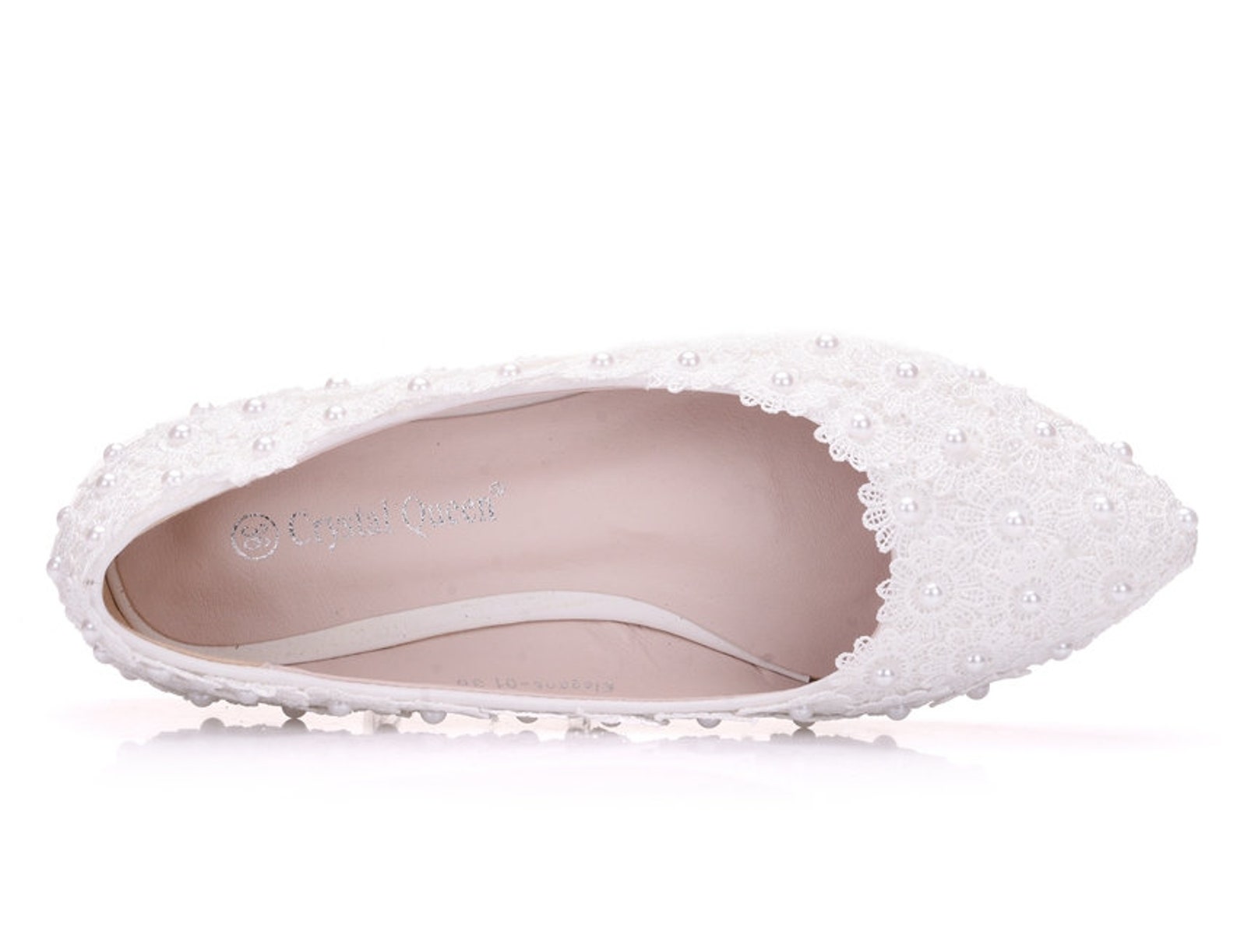 crystal queen white lace wedding shoes flat heels pointed toe plus size ballet flats women bridal shoes