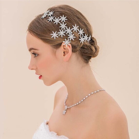 Prom Party Clear Crystal Stars Hair Tiaras Headpiece Pentagram Rhinestone Crown