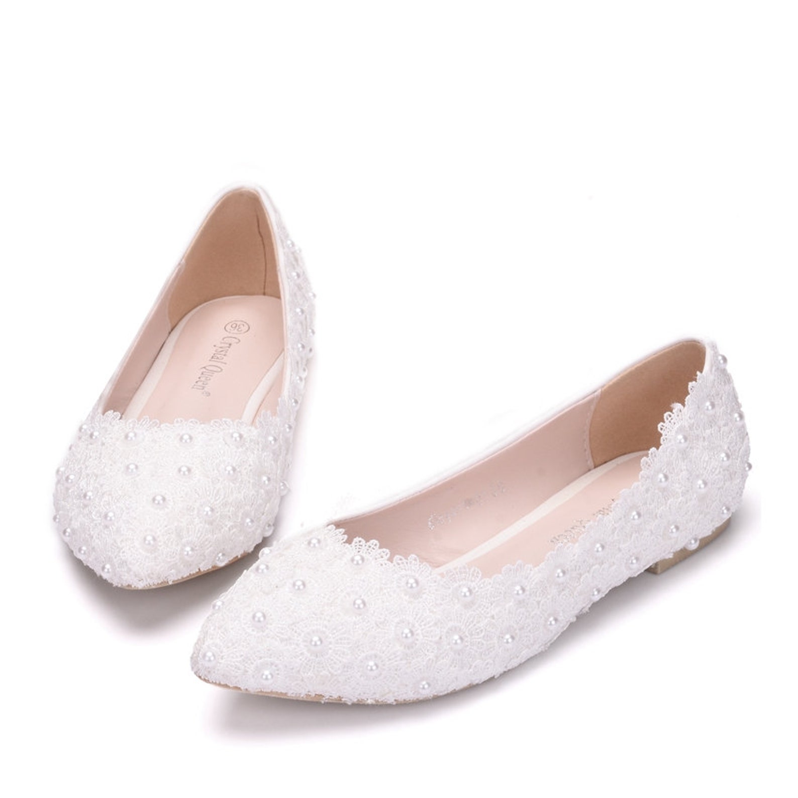 crystal queen white lace wedding shoes flat heels pointed toe plus size ballet flats women bridal shoes