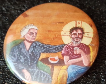 Dorothy Day with Homeless Christ - pinback button 2.25"