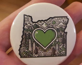 Green Heart Oregon Button – Pacific Northwest Nature Lover Pin (2.25 inches)