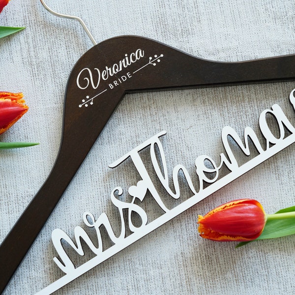 Brown Wedding Dress Hanger, Personalized Bridal Hanger, White Name Bar Hanger, Bridal Shower Gift, Bridal Name Hanger, Wedding Party Gift