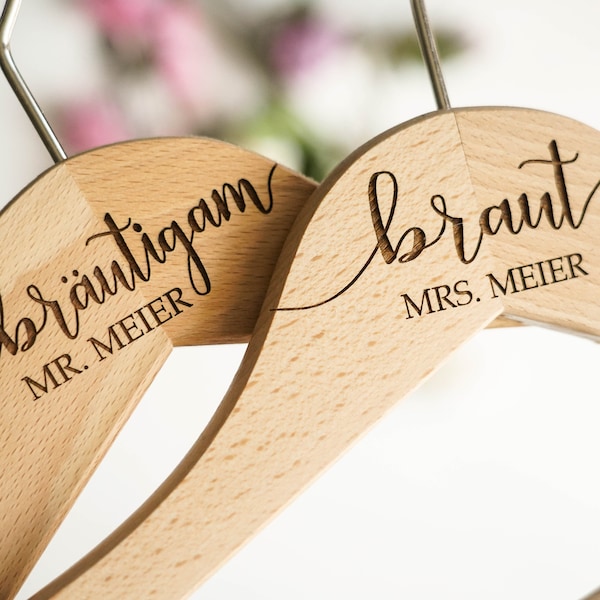 BARUT, BRÄUTIGAM – ensemble de 2 cintres gravés personnalisés en bois pour mariés, cadeau de mariage, cintre de robe de mariée personnalisé en allemand