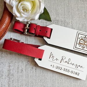 Personalized luggage tags, set of two, bride and groom, monogram luggage tag, custom guest favor, red genuine leather, bridal shower gift