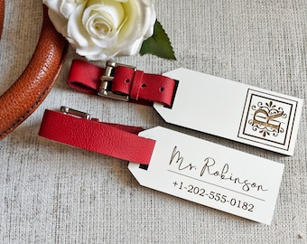 Personalized luggage tags, set of two, bride and groom, monogram luggage tag, custom guest favor, red genuine leather, bridal shower gift