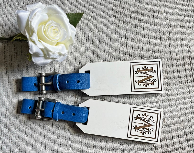 Personalized luggage tags, set of two, for bride and groom, monogram luggage tag, custom wooden guest favor, just married luggage tags image 3