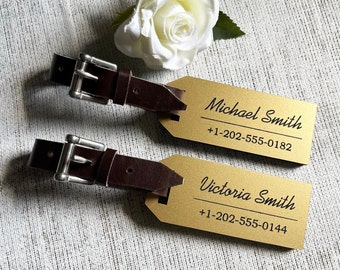 Personalized luggage tags, set of two, for bride and groom, gold monogram luggage tag, custom wooden guest favor, just married luggage tags