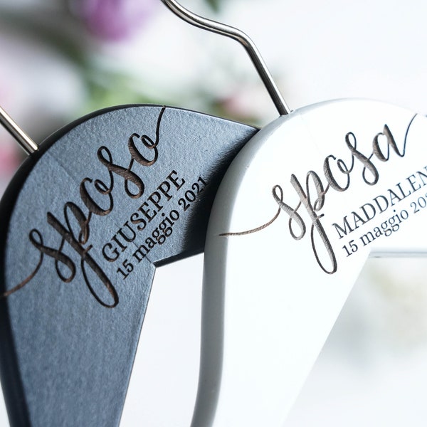 SPOSA, SPOSO – set of 2 wooden hangers, Engraved Hangers for Bride & Groom, Wedding Gift, Personalized Bridal Dress Hanger in Italian