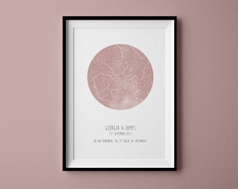 Personalised Pink Night Sky Map Print, Anniversary Gift, Wedding Gift, The Night Sky, Star Map Print, First Date Star Map, Christening gift
