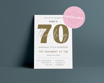 Digital Personalised 70th Birthday Invites, Downloadable Birthday Invitations, Surprise Party invites, Dads birthday, Mums birthday
