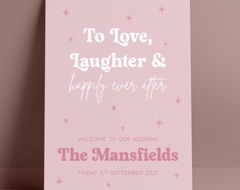 Boho Pink Wedding Welcome Sign PDF, Retro Wedding Sign, Festival Wedding Sign, Wedding Entrance Sign, Outdoor Wedding, Digital File