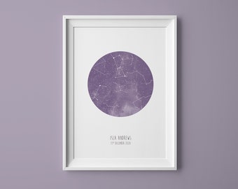 Star Map Print in Purple, Night You Were Born Print, Personalised New Baby Gift, Wedding Star Map, The Night Sky, Custom Stars Map Poster