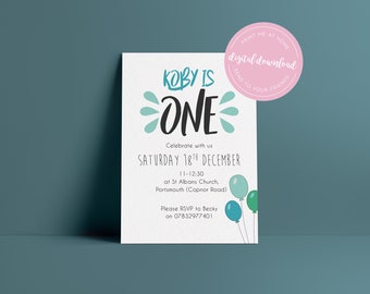 Boys 1st Birthday Party Invitation download, 1 Year Old Party Invite, Blue Party Invite, Boys Party Invitation