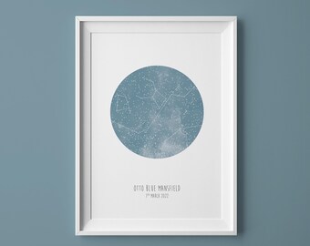 Blue Personalised Star Map Print, Night You Were Born, New Baby Gift, The Night Sky, Custom Stars Map Poster, Wedding Constellation Print