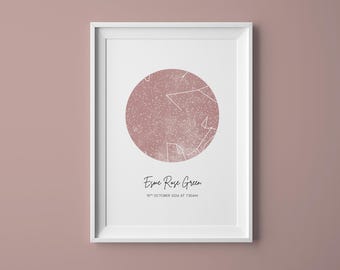 Pink Night Sky Star Map Print, Personalised Night You Were Born Gift, New Baby Gift, The Night Sky, Stars Map Poster, Christening gift