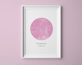 Personalised Hot Pink Star Map Print, Night You Were Born Gift, New Baby Gift, The Night Sky, Stars Map Poster, Gift for kids