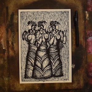 Minoan Ladies - ORIGINAL DRAWING - Pencil on paper - Minoan art,Crete,Knossos,Ancient Greece