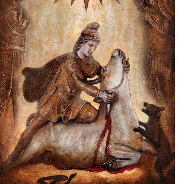 Mithras and the bull -  Giclee art print on Hahnemühle Photo Matt Fibre warm white 200 g paper signed by the artist,Ancient Rome,Mithraism