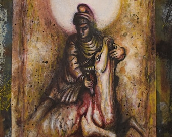 Tauroctony (Mithras and the bull) - ORIGINAL ART - Pencil,dusts,and oil pastels on paper
