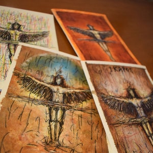 Set di 4 CARTOLINE FATTE A MANO - Biglietti di auguri di Icaro - matita e polveri agiografiche su carta, mitologia greca