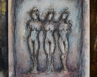 The three graces - ORIGINAL ARTWORK - Pencil and dusts on paper,Ancient Greece,mystic art