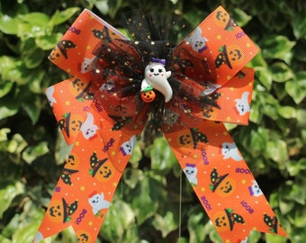 Ponytail Halloween Ghosts & Pumpkin  Hairbow - Halloween Hairbow-  Pumpkin Costume - Ghost Costume - Halloween Bow in Orange