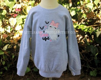 Embroidered Cute Pink Bow Ghost Sweater - Boo Happy Girly Lashes Ghostie BOOtiful Halloween kids Sweater