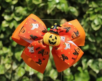 Halloween Pumpkin & Ghosts  Hairbow - Halloween Hairbow-  Pumpkin Costume - Ghost Costume - Halloween Bow in Orange
