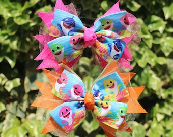 Colorful sharks tulle glitter hair bow summer ocean bow