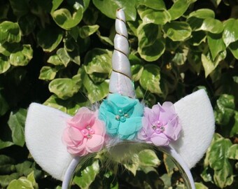 Unicorn White Gold Pastels Floral Birthday Girl Headband