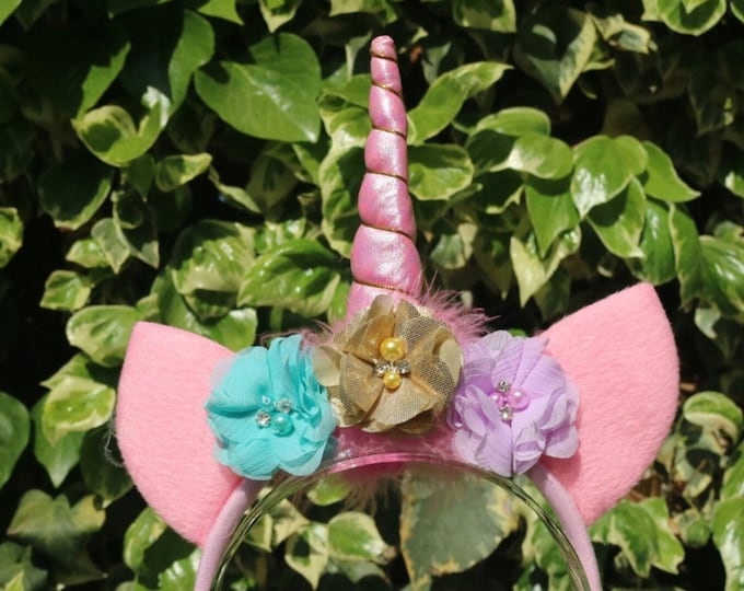 Featured listing image: Unicorn Pink Gold Pastels  Floral Birthday Girl Birthday Headband