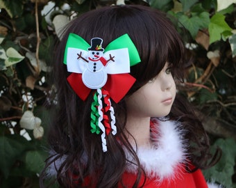 Christmas Snowman Red White Green Hairbow - Christmas Bow - Christmas Gift - Tacky Christmas ugly sweater big bow