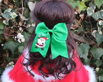 Merry Christmas Santa Claus Green Cute Big Bow Kids Hairbow, Tacky Christmas Bow, Santa Claus - Christmas Gift - Ugly Christmas Party