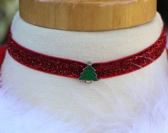 Little Girl Glitter Red Christmas Tree Charm Choker Necklace