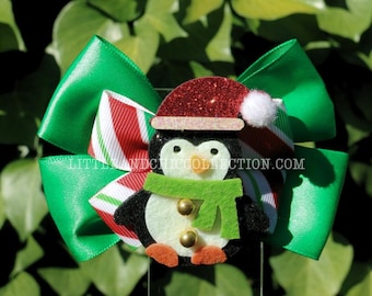 Penguin Green & Red Christmas Hairbow - Christmas Bow - Christmas Gift - tacky ugly sweater christmas party outfit