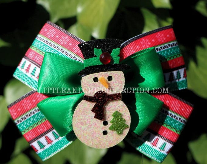 Featured listing image: Christmas Snowman glitter Hairbow - Christmas Bow - Christmas Gift - tacky ugly christmas sweater party outfit