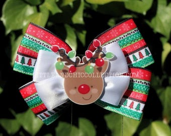 Red Christmas Lights Reindeer Hairbow - Christmas Bow - Christmas Gift - Tacky Christmas Sweater