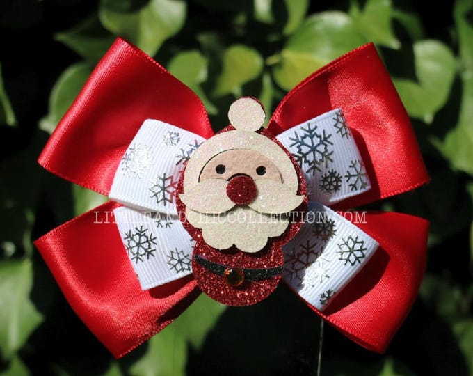 Featured listing image: Santa Claus Snowflake glitter Hair bow - Christmas Bow - Christmas Gift - tacky ugly christmas sweater party outfit
