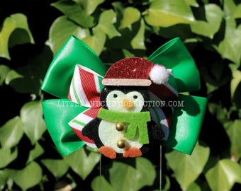 Penguin Green & Red Christmas Hairbow - Christmas Bow - Christmas Gift - tacky ugly sweater christmas party outfit